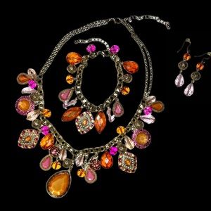 Statement necklace, bracelet & earring set - pink, orange, coral, gold tones